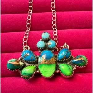 Sterling Silver Necklace With Peacock Dahlia & Kingman Turquoise